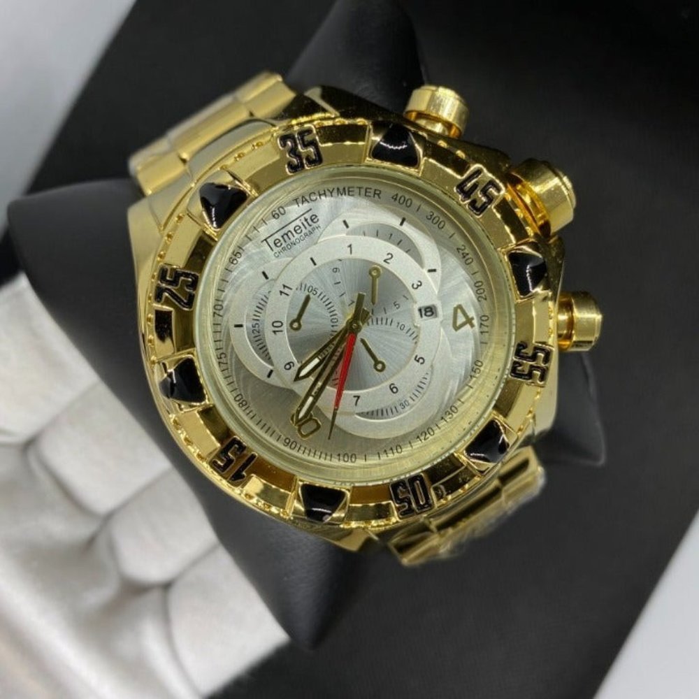 Men's  Gold Color Military Watch Large Dial All Stainless Steel Night Light